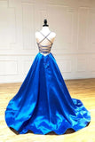 Simple A Line Satin Spaghetti Straps Royal Blue Long V Neck Prom STK20441