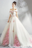 Unique Off The Shoulder Tulle Wedding Dress With Pink Flowers Ball Gown Wedding STKPQ4NB2CL