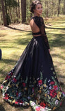 A line Two Piece Black Long Sleeve Prom Dress With Floral Print Skirt Evening Dresses