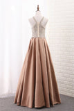 2024 A Line Scoop Satin Prom Dresses With Beads PNHXJ96T