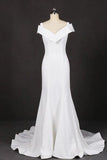 Mermaid V Neck Ivory Simple Wedding Dress, Satin Unique Long Wedding Gowns STK15268