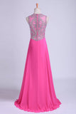 2024 Scoop A-Line Chiffon&Tulle Floor-Length Prom Dresses With Beads Color Fuchsia