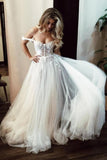 Unique Off The Shoulder Ivory Long Wedding Dress With Appliques Sweetheart Wedding STKPMJM4785