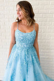 Unique A-Line Sky Blue Tulle Appliques Beads Scoop Prom Dresses with Lace STK15681