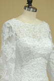 A Line Long Sleeves White Lace Appliques Satin Beads Open Back Wedding Dresses