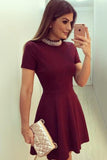 Cute Burgundy High Neck Short Sleeve Keyhole Back Beading Cheap Homecoming Dresses