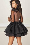 A Line Jewel Long Sleeve Black Above Knee Homecoming Dress with Appliques