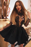 A Line Jewel Long Sleeve Black Above Knee Homecoming Dress with Appliques