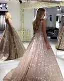 A line V Neck Sequins Prom Dresses Long Straps V Back Evening Dresses