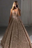 A line V Neck Sequins Prom Dresses Long Straps V Back Evening Dresses