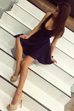 A Line Royal Blue V Neck Above Knee V Back Short Cute Mini Homecoming Dresses