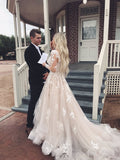 A line V Neck Asymmetrical Long Sleeve Lace Tulle Wedding Dresses with Train Prom Dress