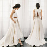 Chic Two Pieces Satin Ivory High Neck High Low Wedding Dresses with Pockets Bridal Dress