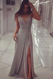 Elegant A Line Sexy Long Grey Chiffon Sparkly Beaded Sleeveless Prom Dresses with Slit