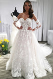 A Line Long Sleeves Ivory Lace Appliques Beads Sweetheart Long Wedding Dresses