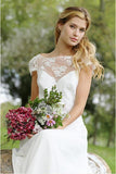 A Line Chiffon White Lace Appliques Cap Sleeve Open Back Scoop Long Wedding Dresses