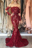 Mermaid Long Sleeves Dark Red Off the Shoulder Lace Prom Dresses with Train