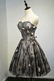 A Line Black Sweetheart Strapless with Flowers Tulle Short School Dress Homecoming Dress