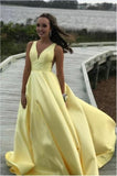 V-neck A-line Yellow Satin Long Prom Dresses Zipper Back Party Dresses