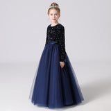 Black Tulle Long Sleeve Floor Length Flower Girl Dresses With Sequins