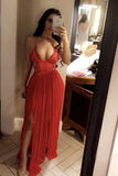 A Line V Neck Chiffon Side Slit Spaghetti Straps Sleeveless Lace Long Prom Dresses