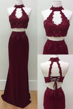 Mermaid Two Piece Burgundy Modest Long Halter Open Back Beads Prom Dresses