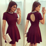 Cute Burgundy High Neck Short Sleeve Keyhole Back Beading Cheap Homecoming Dresses