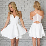 White Satin Spaghetti Straps Short Mini White V neck Homecoming Dresses