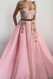 Unique Sweetheart Spaghetti Straps Prom Dresses with Flowers Pockets