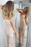 Mermaid Ankle Length Pearl Pink Spaghetti Straps V Neck Sequins Split Prom Dresses