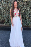 A Line V Neck White Embroidery Side Slit Chiffon Long Formal Dress Prom Dresses