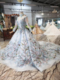 Stunning Light Blue Long Sleeve Wedding Dresses High Neck Quinceanera Dresses