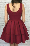 A Line V Neck Burgundy Short Open Back Prom Dress Sleeveless Homecoming Dresses