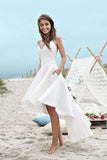 Spaghetti Straps V Neck Long High Low Ivory Homecoming Dress with Pockets