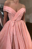 A Line Pink Sequins Off the Shoulder Prom Dresses with Split, V Neck Dance Dresses STK15013