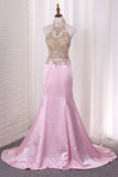 2024 Halter Beaded Bodice Satin Prom Dresses PLBRZXTT