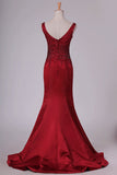 2024 Mermaid V Neck Satin Prom Dresses With Beading Sweep PB2DQFKF