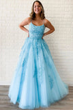 Unique A-Line Sky Blue Tulle Appliques Beads Scoop Prom Dresses with Lace STK20453