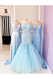 Spaghetti Straps Appliques Mermaid Prom Dress Ruffle Skirt Formal STKPEY5G4CG