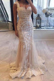 Elegant Cap Sleeve Mermaid V-neck Lace Applique Ivory Wedding Dresses STK15163