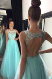 2024 Prom Dresses A Line Scoop Beaded Bodice Tulle Open Back PKRCTPQB