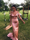 Unique Spaghetti Straps Pink Mermaid Prom Dresses Off the Shoulder Evening Formal Dresses STK15468