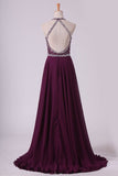 2024 Grape A Line Prom Dresses Halter Beaded Bodice Open Back Sweep Train Chiffon & PKEBFCJM