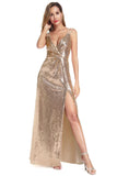 A Line Spaghetti Straps Sequins V Neck Backless Prom Dresses with Side Slit Formal Dress STK15030