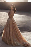 Sparkly Spaghetti Straps A Line Elegant Long Prom Dress, Sequins Evening Party Dresses STK15430