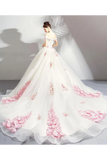 Unique Off The Shoulder Tulle Wedding Dress With Pink Flowers Ball Gown Wedding STKPQ4NB2CL