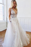 A Line Deep V-Neck Backless White Tulle Prom Dress With Appliques, Evening Dresses STK14997