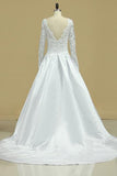 A Line Long Sleeves White Lace Appliques Satin Beads Open Back Wedding Dresses