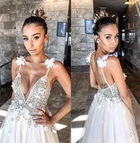 A Line Deep V Neck Spaghetti Straps Beads Backless Handmade Flower Wedding Dresses