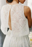 Two Piece Crew Sleeveless Sweep Train Open Back Ivory Lace Cheap Wedding Dresses